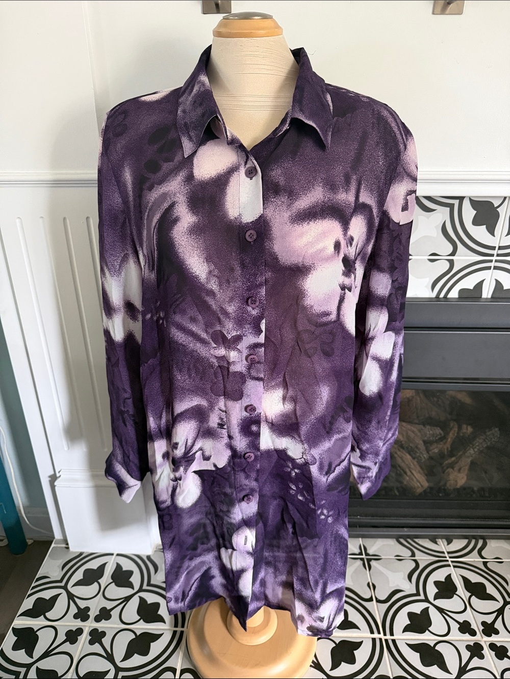 Sheer Deep Purple & white Collared Top button front